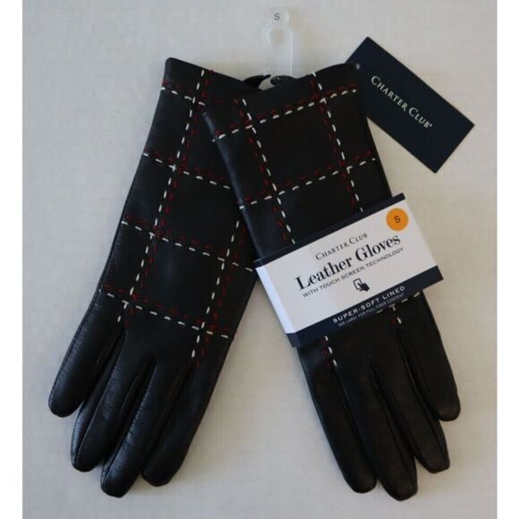 Charter Club 16759 Women's Sz Small Black Plaid Topstitch Leather Gloves - Picture 1 of 7